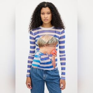 JW Anderson Blue & White Mesh Striped Graphic Top Size Small